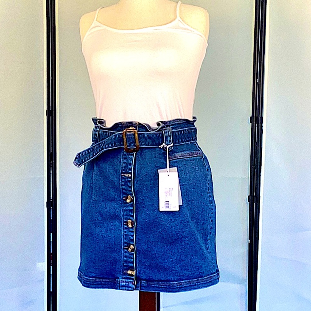 DEAR JOHN PAPER BAG WAIST Denim Button-Front Skirt. Size L